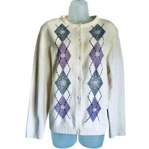 Alfred Dunner Argyle Cottage Button Up Cardigan Sweater Soft Cozy Retro Large